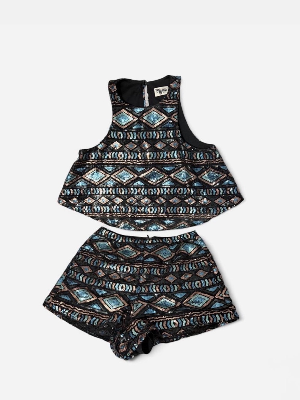 Show Me Your MuMu Black Sequin Geo High-Waist Shorts Set with Teal Accents - Picture 5 of 9